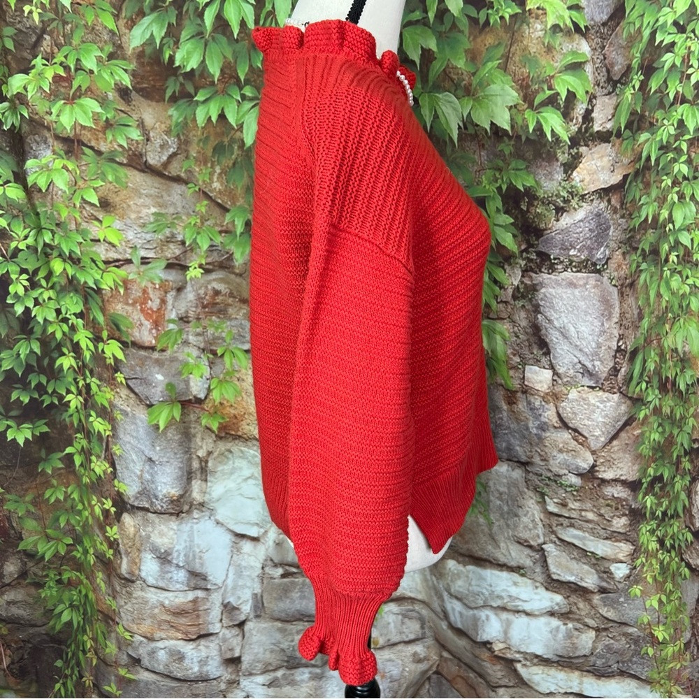 MADEWELL Red Ruffle-Trimmed Rib Knit Sweater, S - Picture 5 of 10